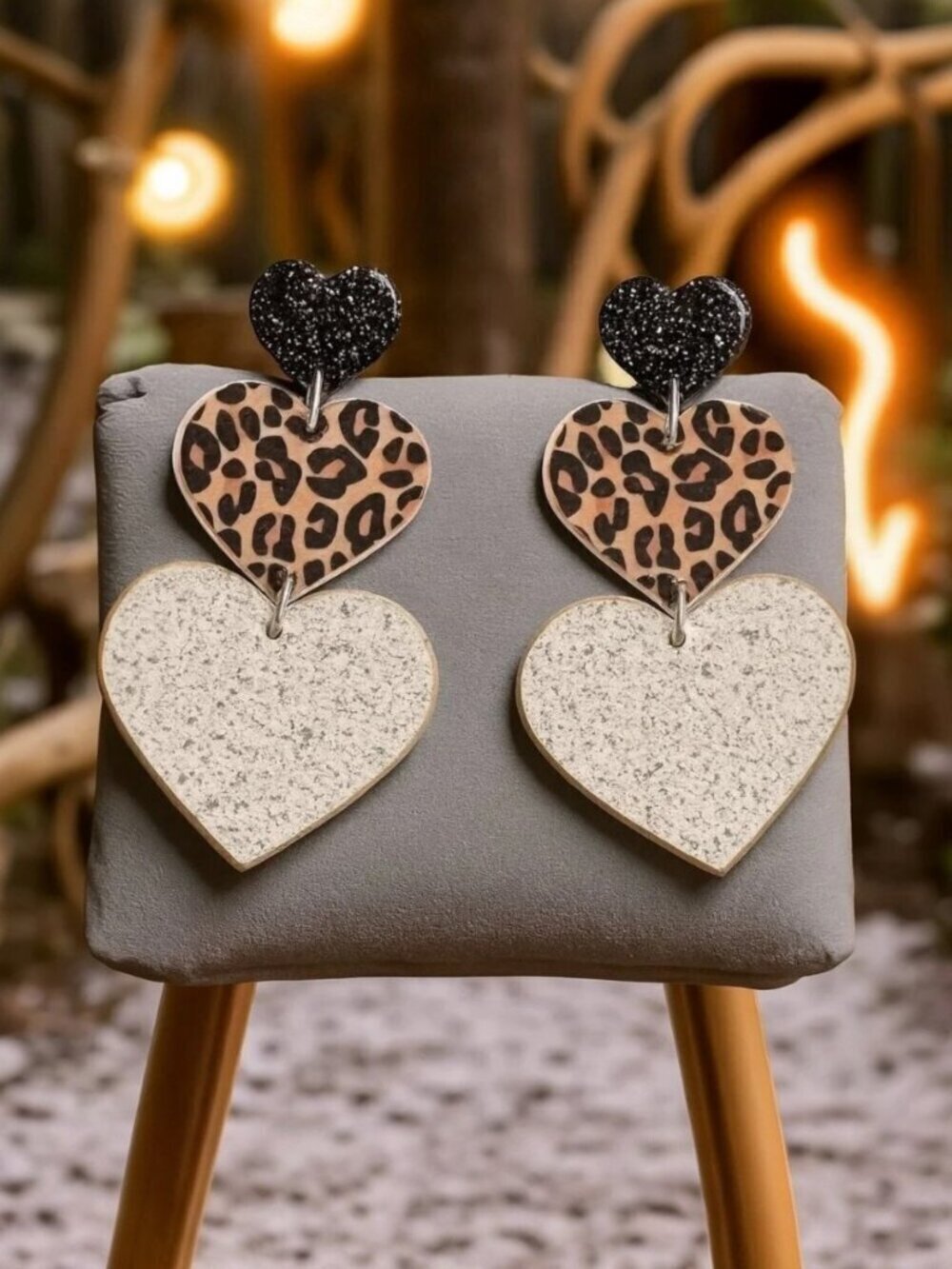 Acrylic Leopard Print Triple Heart Dangle Earrings Glitter Black Gold 2.44"